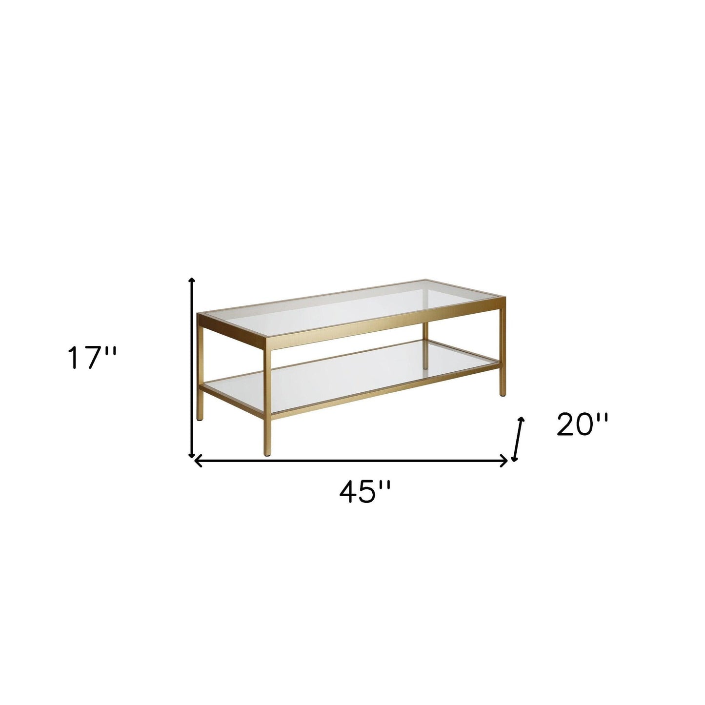 45" Clear Glass And Gold Steel Coffee Table With Shelf - FurniFindUSA