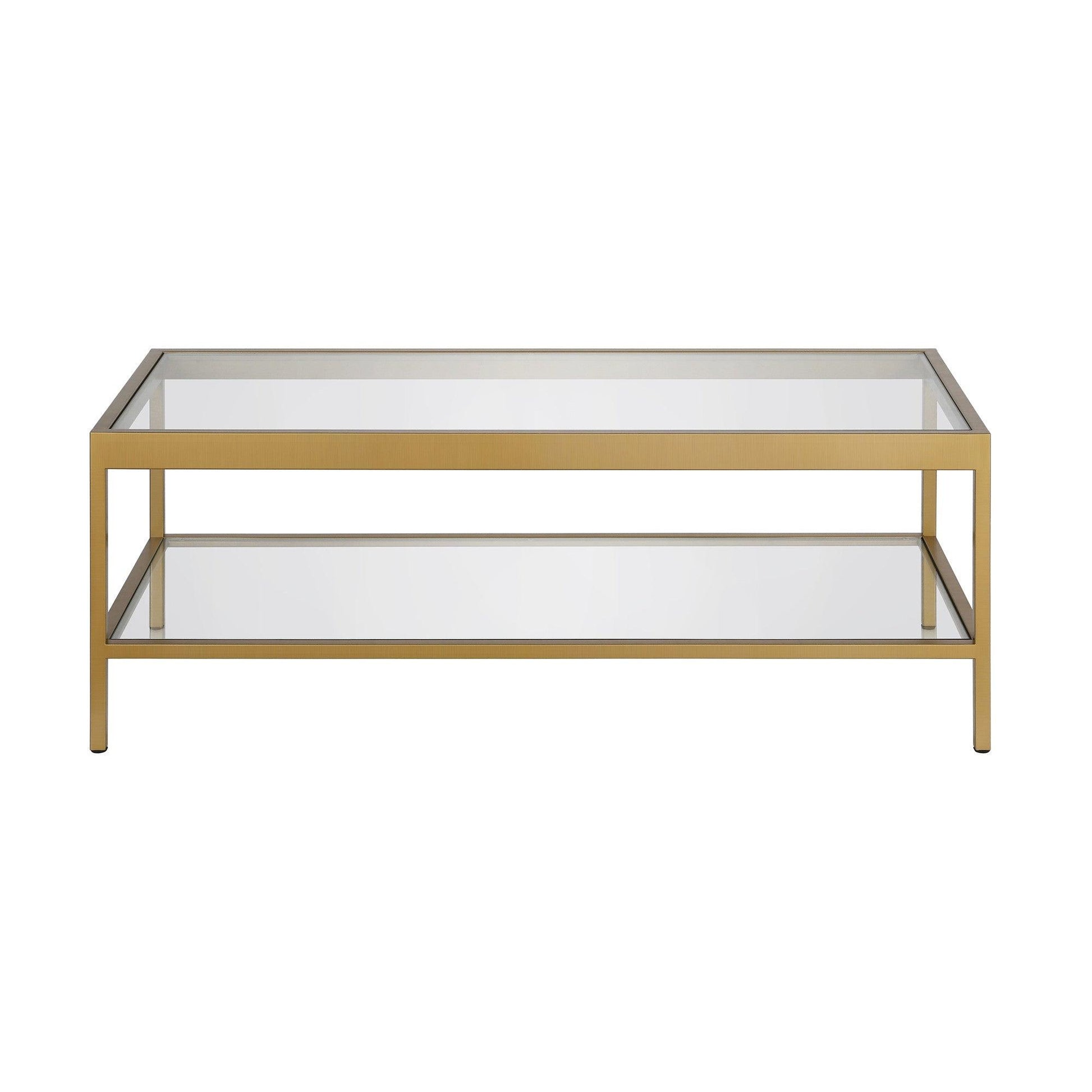 45" Clear Glass And Gold Steel Coffee Table With Shelf - FurniFindUSA