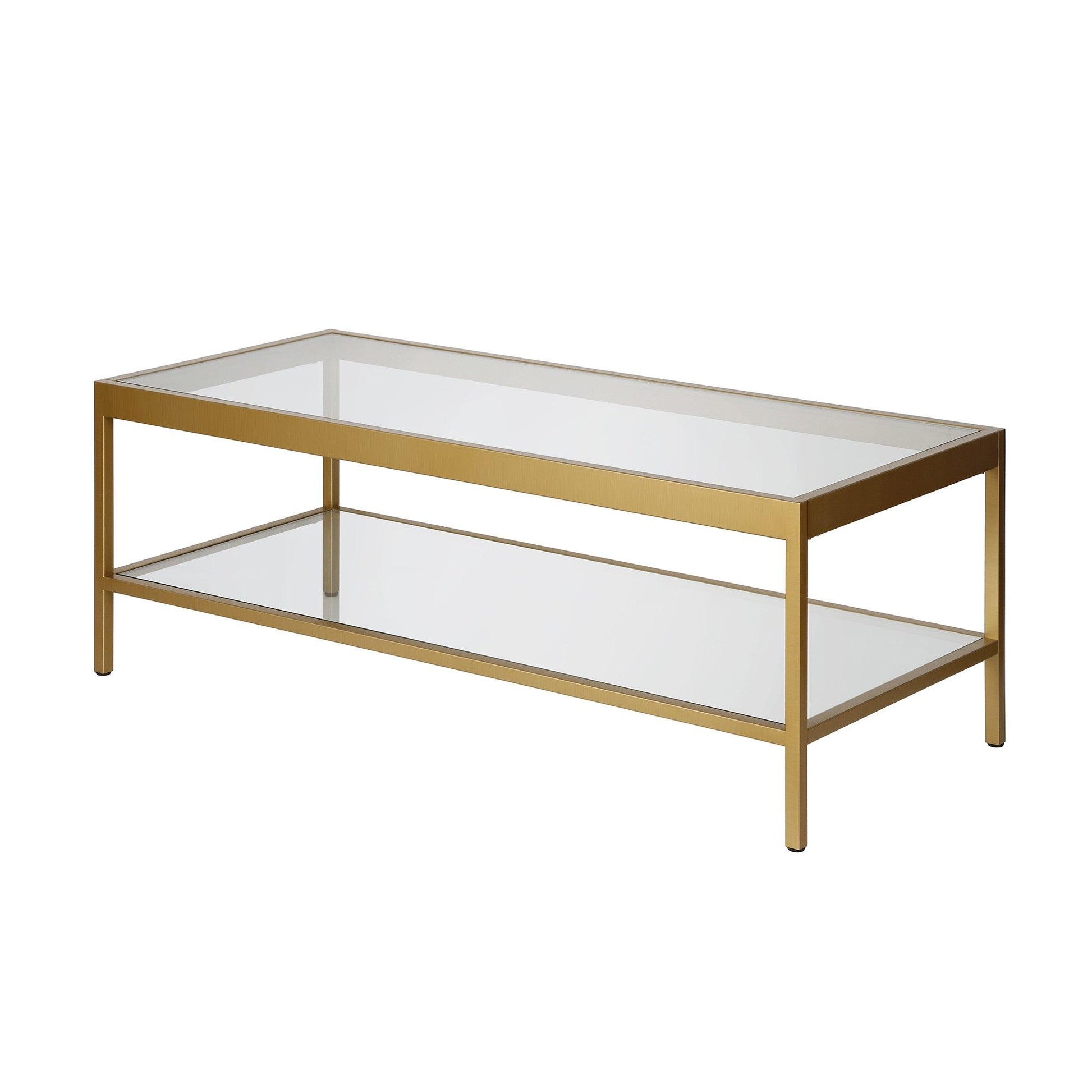 45" Clear Glass And Gold Steel Coffee Table With Shelf - FurniFindUSA