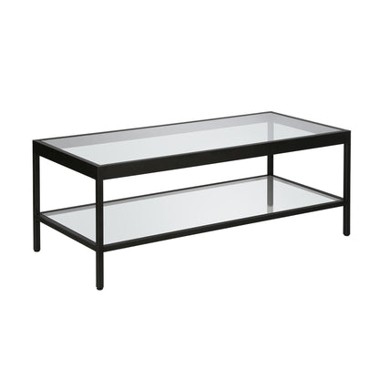 45" Black Glass And Steel Coffee Table With Shelf - FurniFindUSA