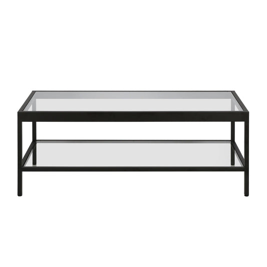 45" Black Glass And Steel Coffee Table With Shelf - FurniFindUSA