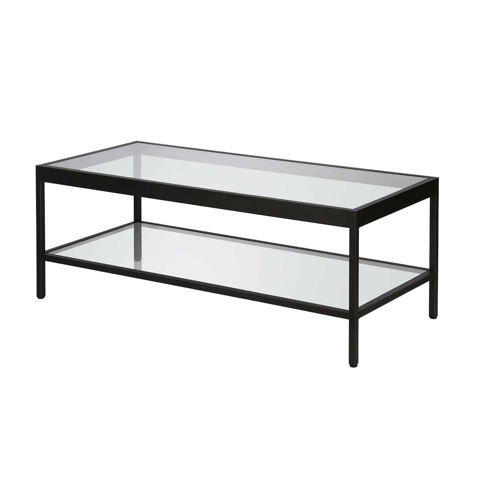 45" Black Glass And Steel Coffee Table With Shelf - FurniFindUSA