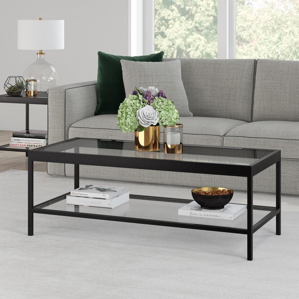 45" Black Glass And Steel Coffee Table With Shelf - FurniFindUSA