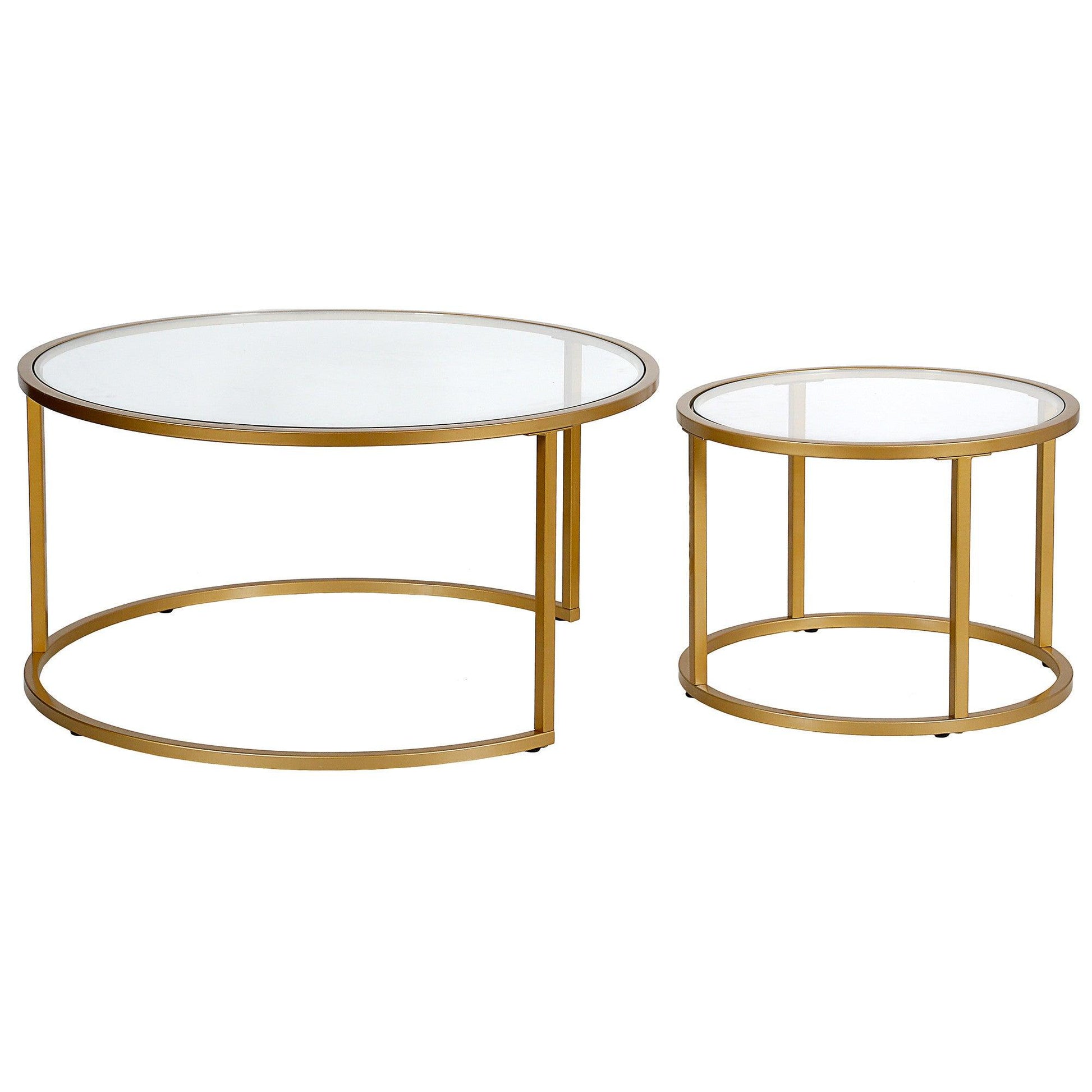 Set of Two 35" Gold Glass And Steel Round Nested Coffee Tables - FurniFindUSA