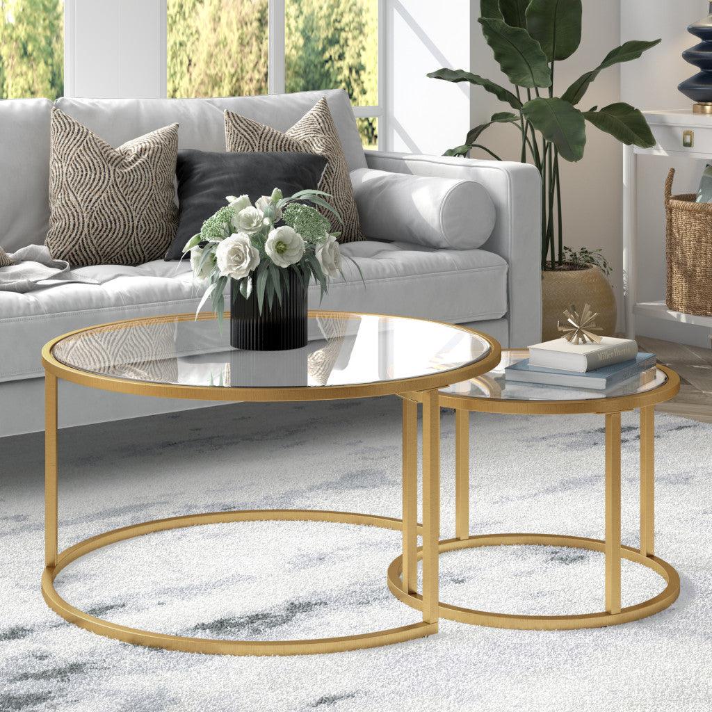 Set of Two 35" Gold Glass And Steel Round Nested Coffee Tables - FurniFindUSA