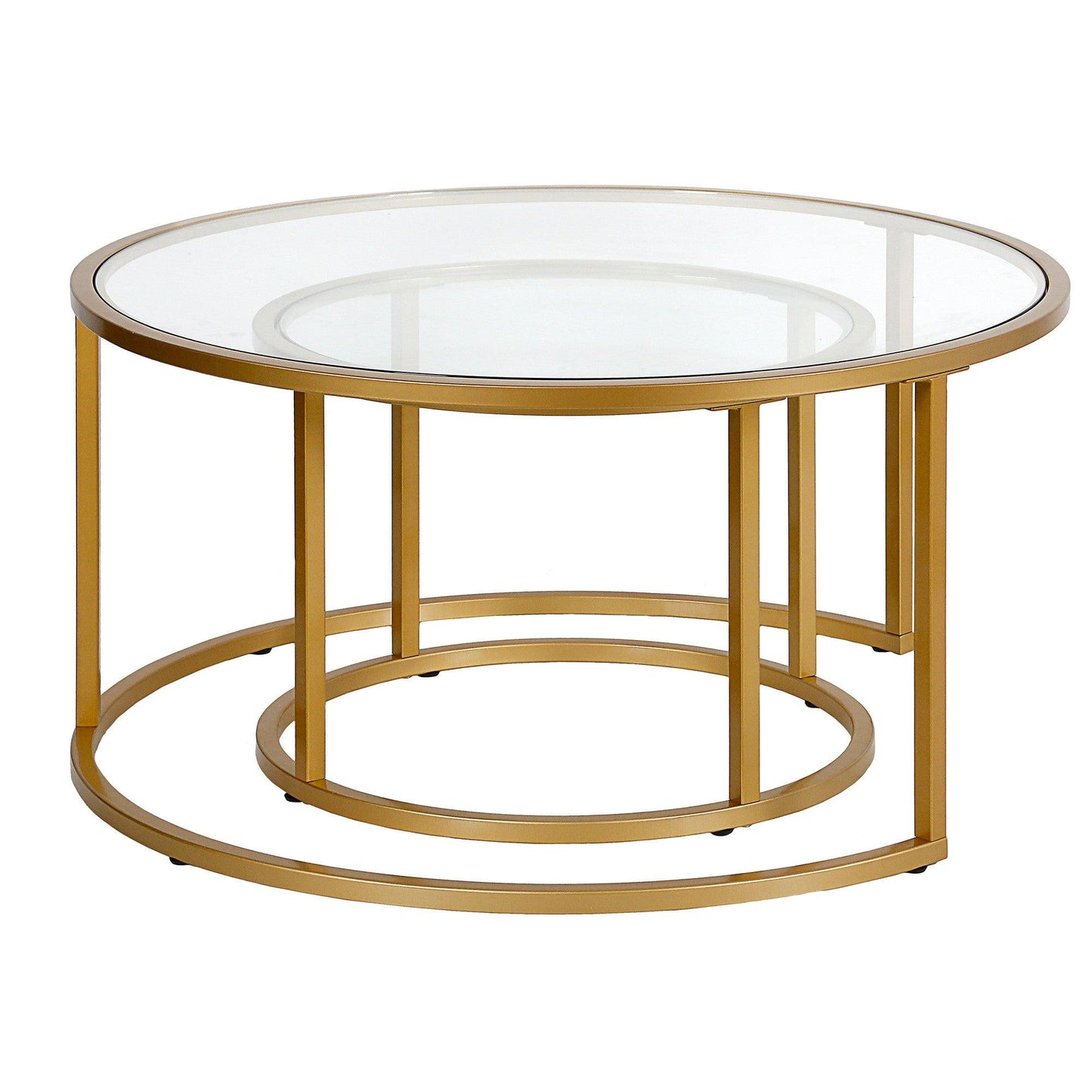 Set of Two 35" Gold Glass And Steel Round Nested Coffee Tables - FurniFindUSA