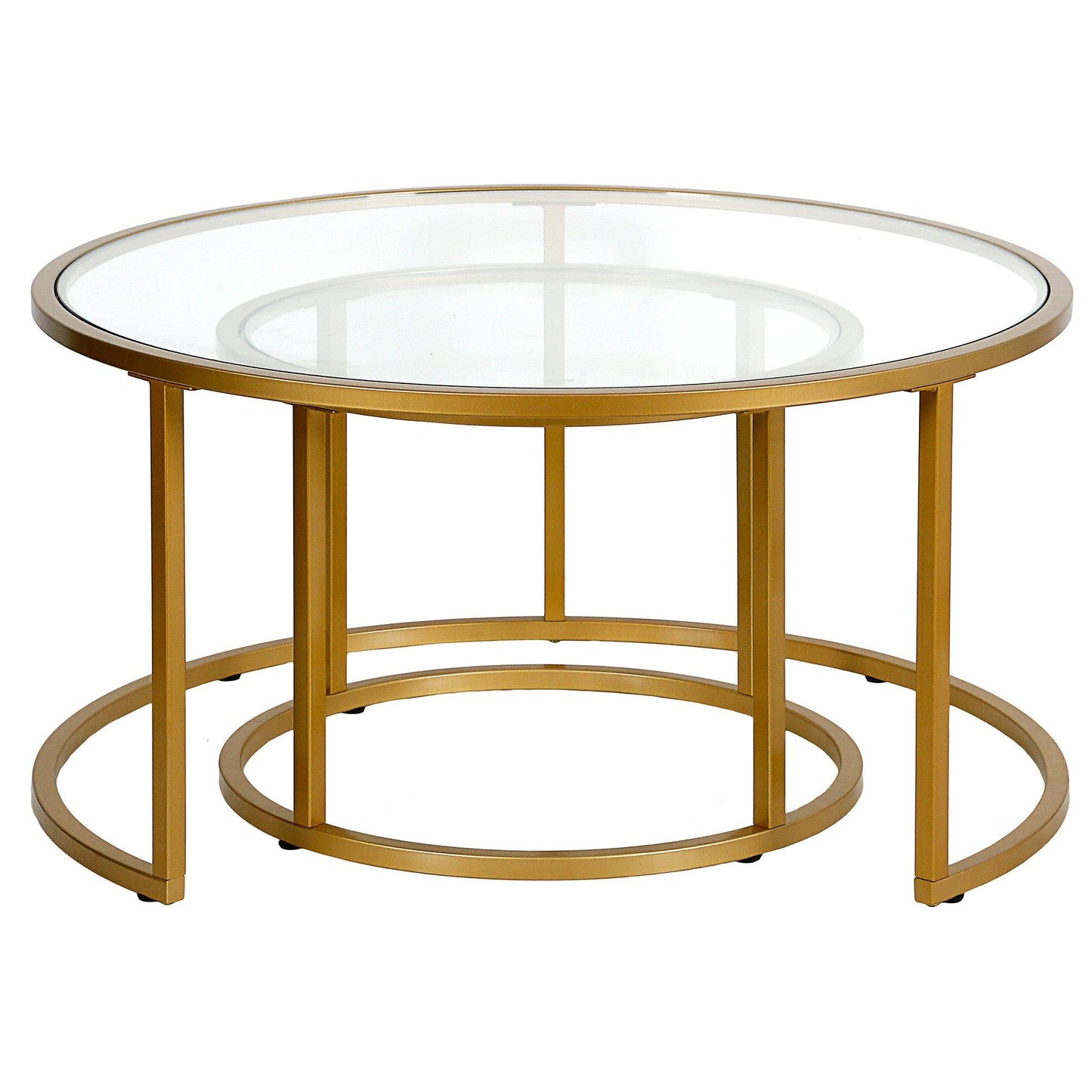 Set of Two 35" Gold Glass And Steel Round Nested Coffee Tables - FurniFindUSA