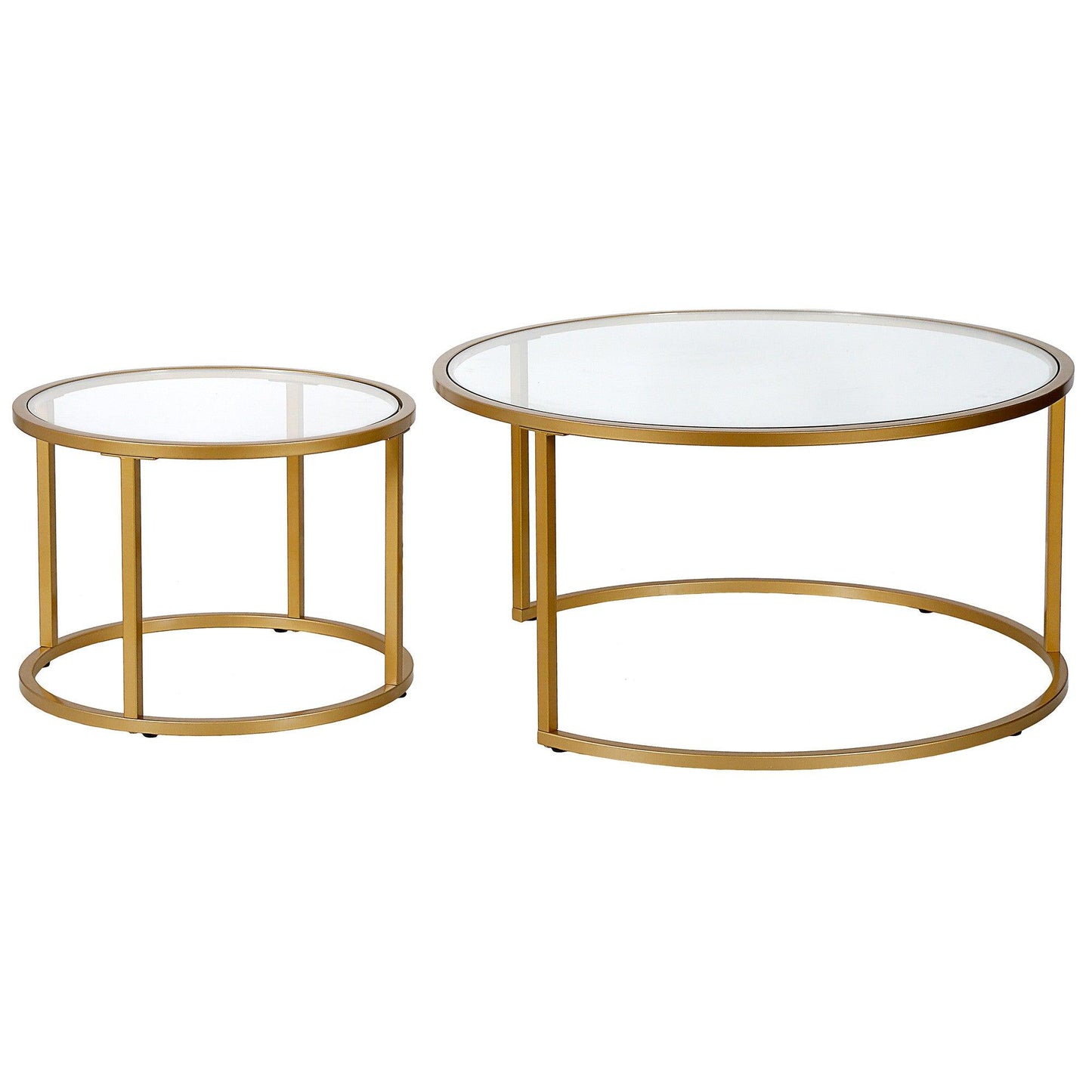Set of Two 35" Gold Glass And Steel Round Nested Coffee Tables - FurniFindUSA