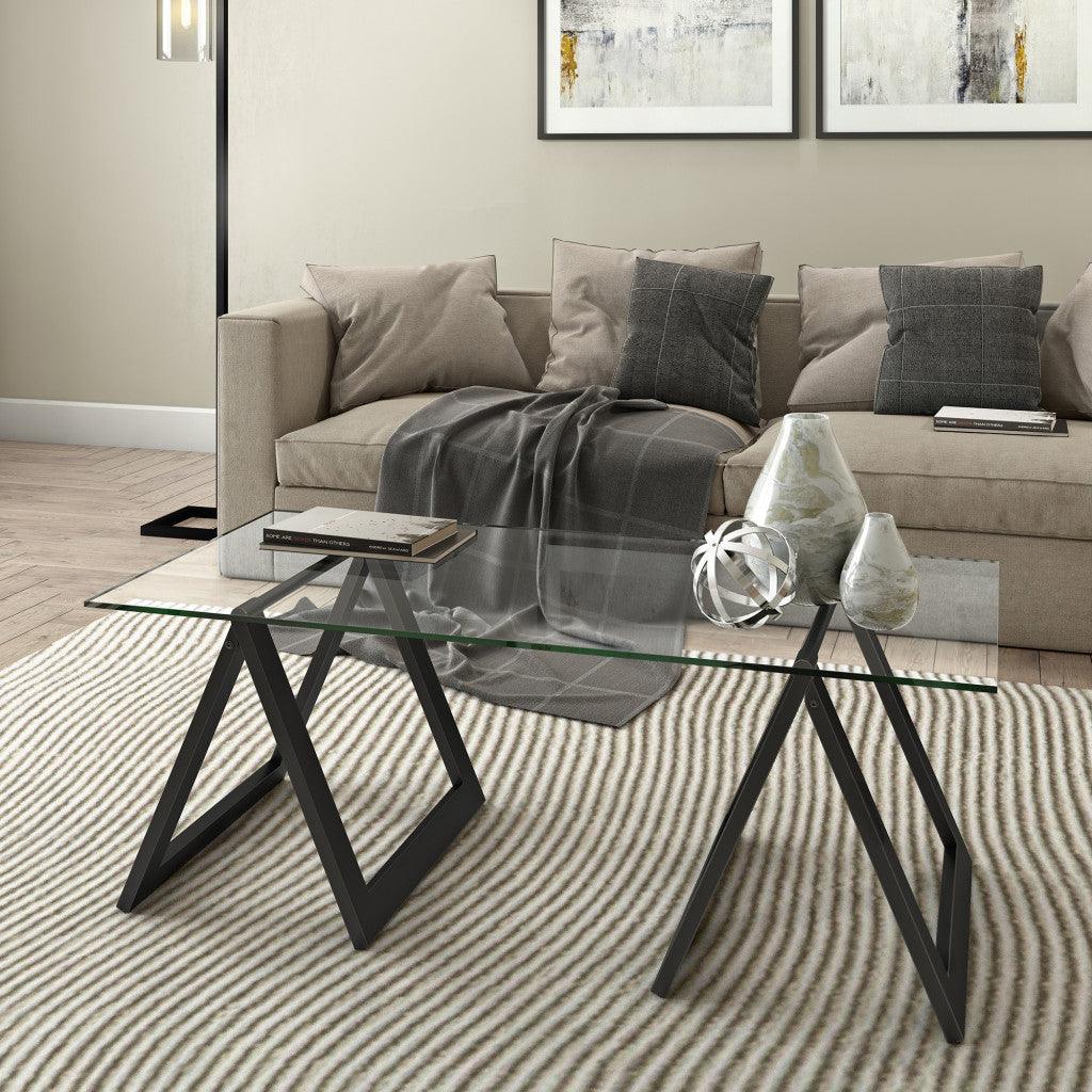 46" Black Glass And Steel Coffee Table - FurniFindUSA