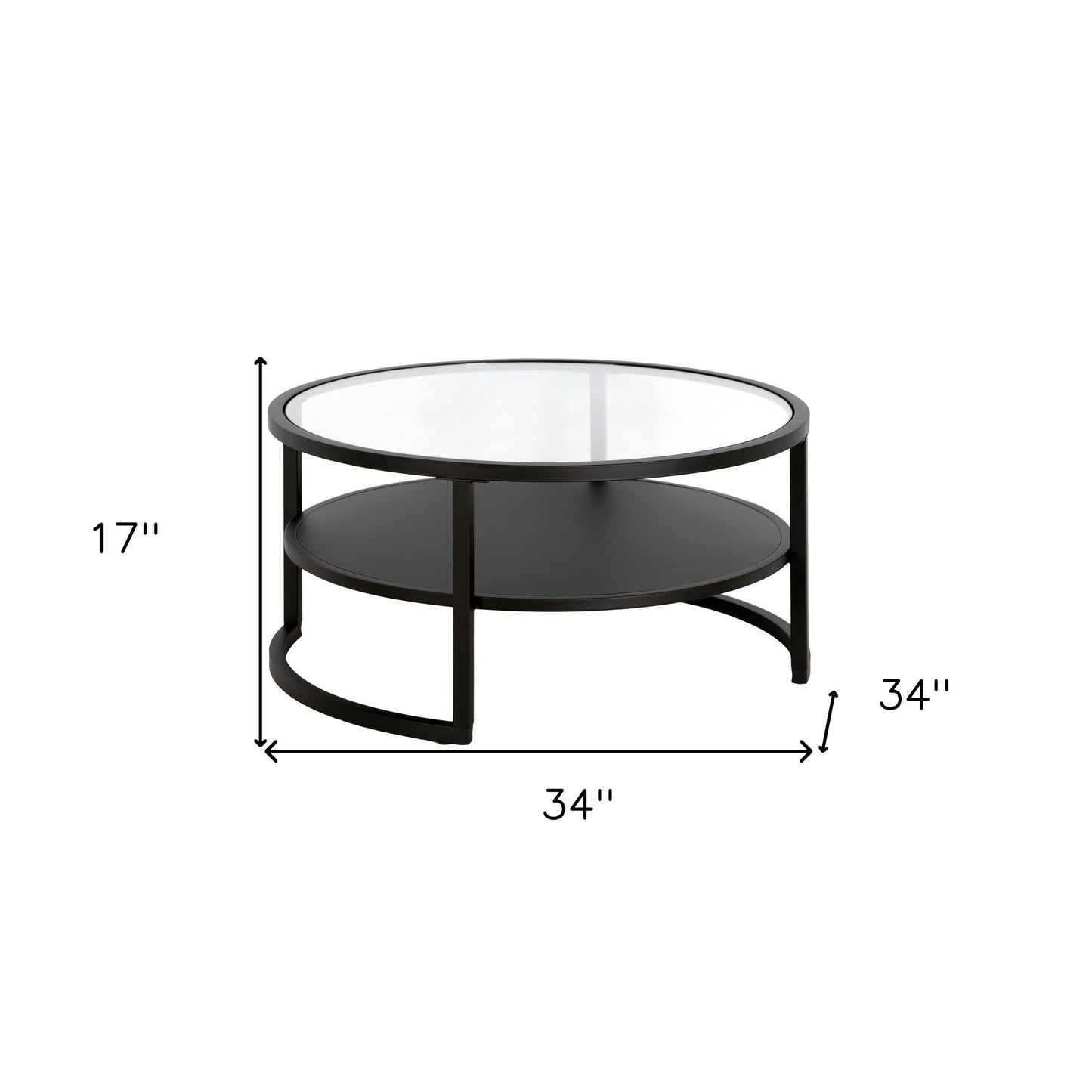 34" Black Glass And Steel Round Coffee Table With Shelf