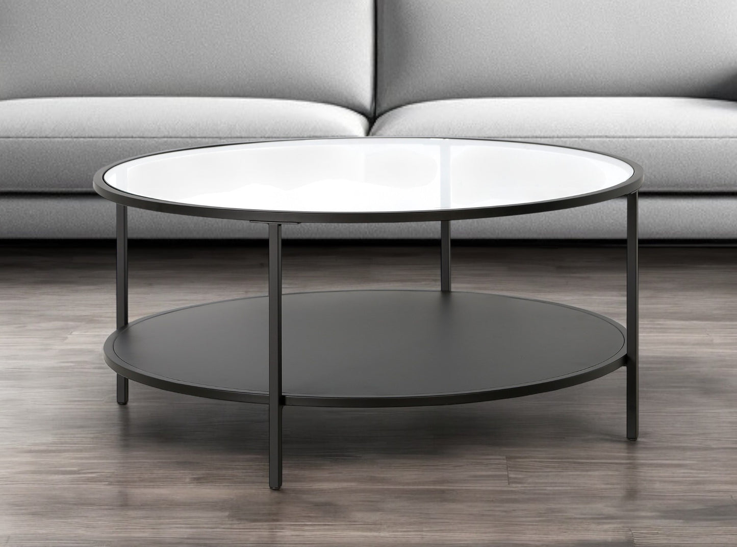 36" Black Glass And Steel Round Coffee Table With Shelf