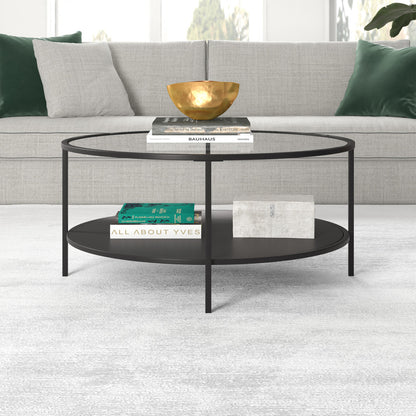 36" Black Glass And Steel Round Coffee Table With Shelf