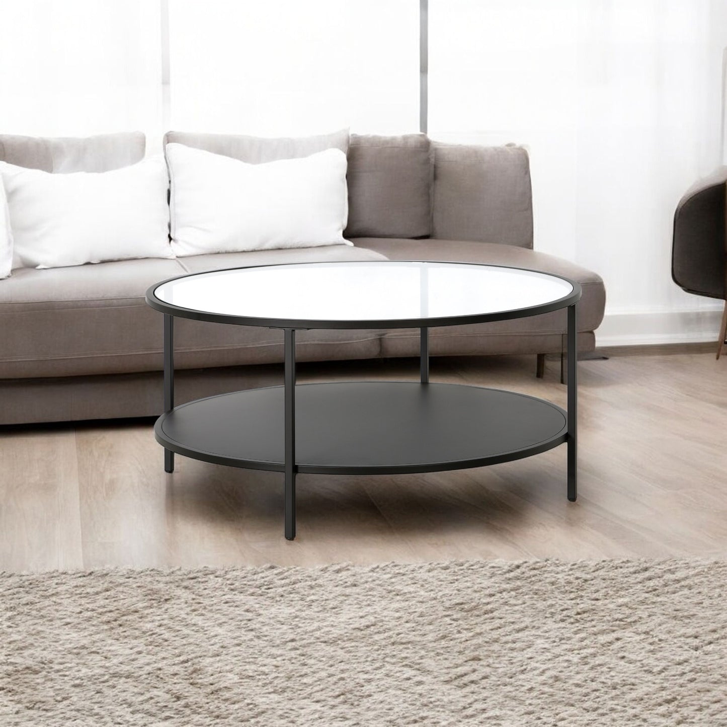 36" Black Glass And Steel Round Coffee Table With Shelf