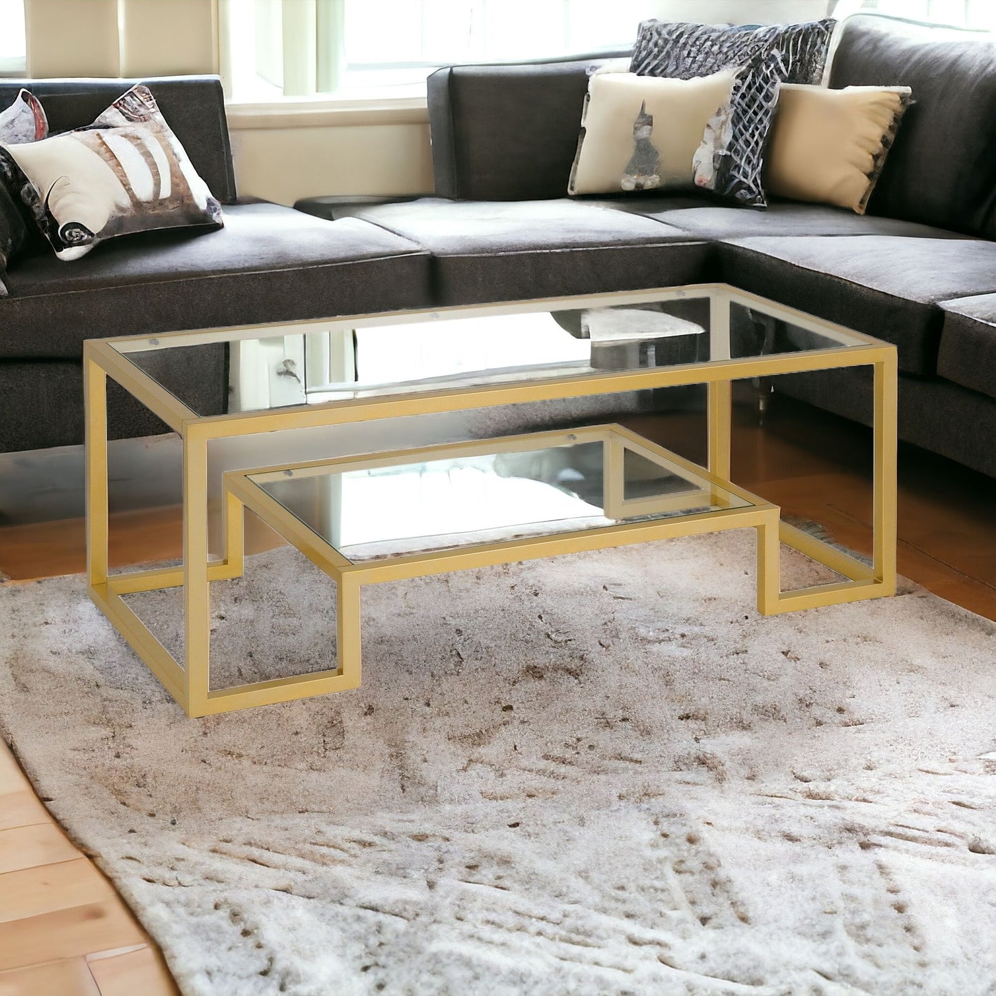 45" Clear And Gold Glass And Steel Coffee Table With Shelf