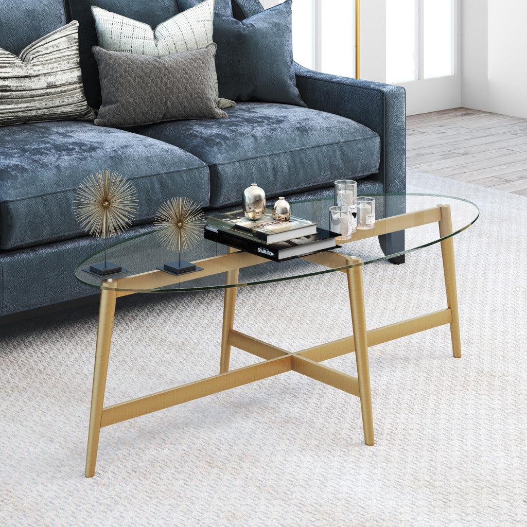 50" Gold Glass And Steel Oval Coffee Table - FurniFindUSA