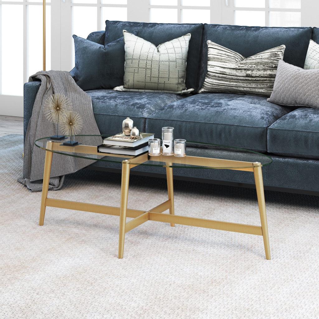50" Gold Glass And Steel Oval Coffee Table - FurniFindUSA