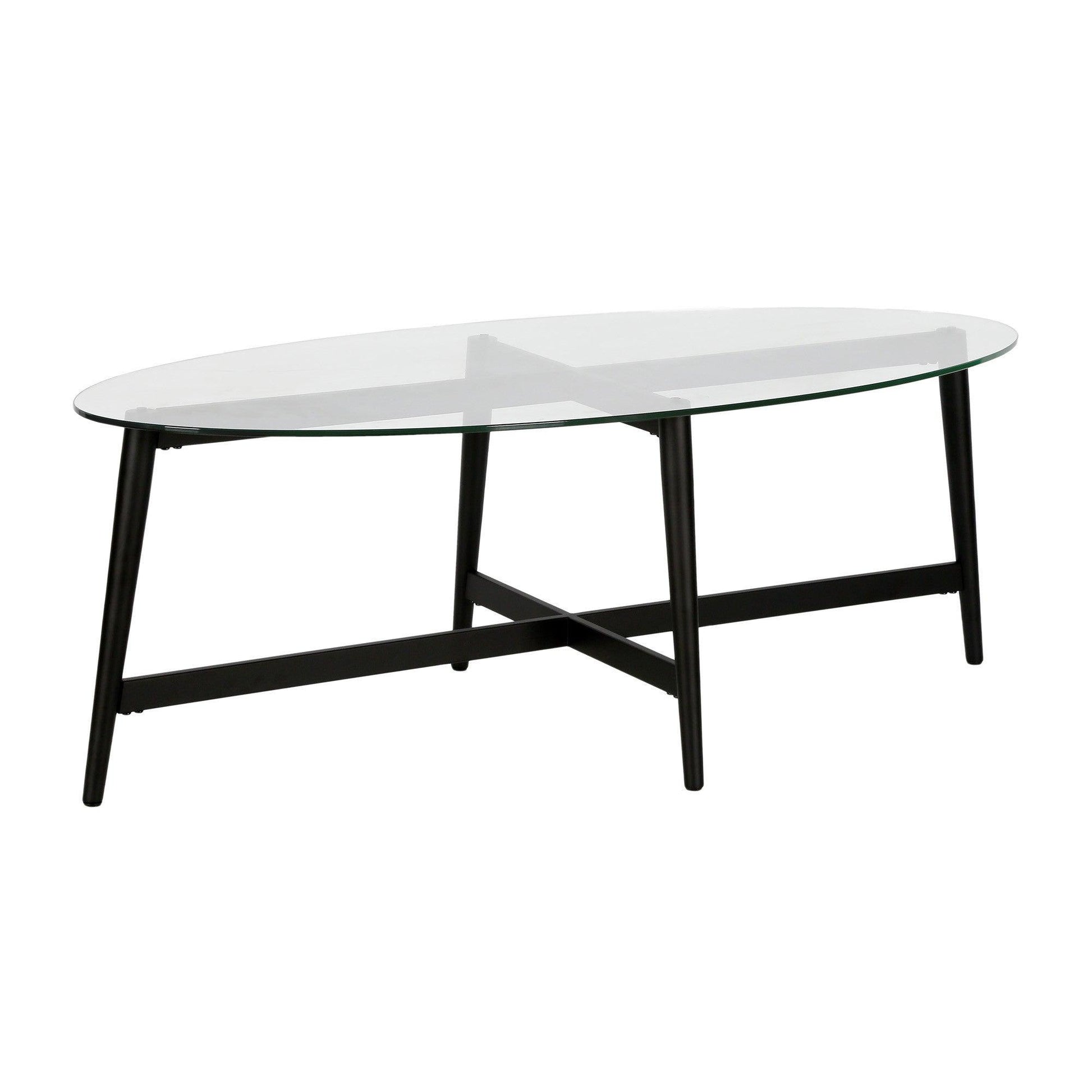 50" Clear And Black Glass And Steel Oval Coffee Table - FurniFindUSA