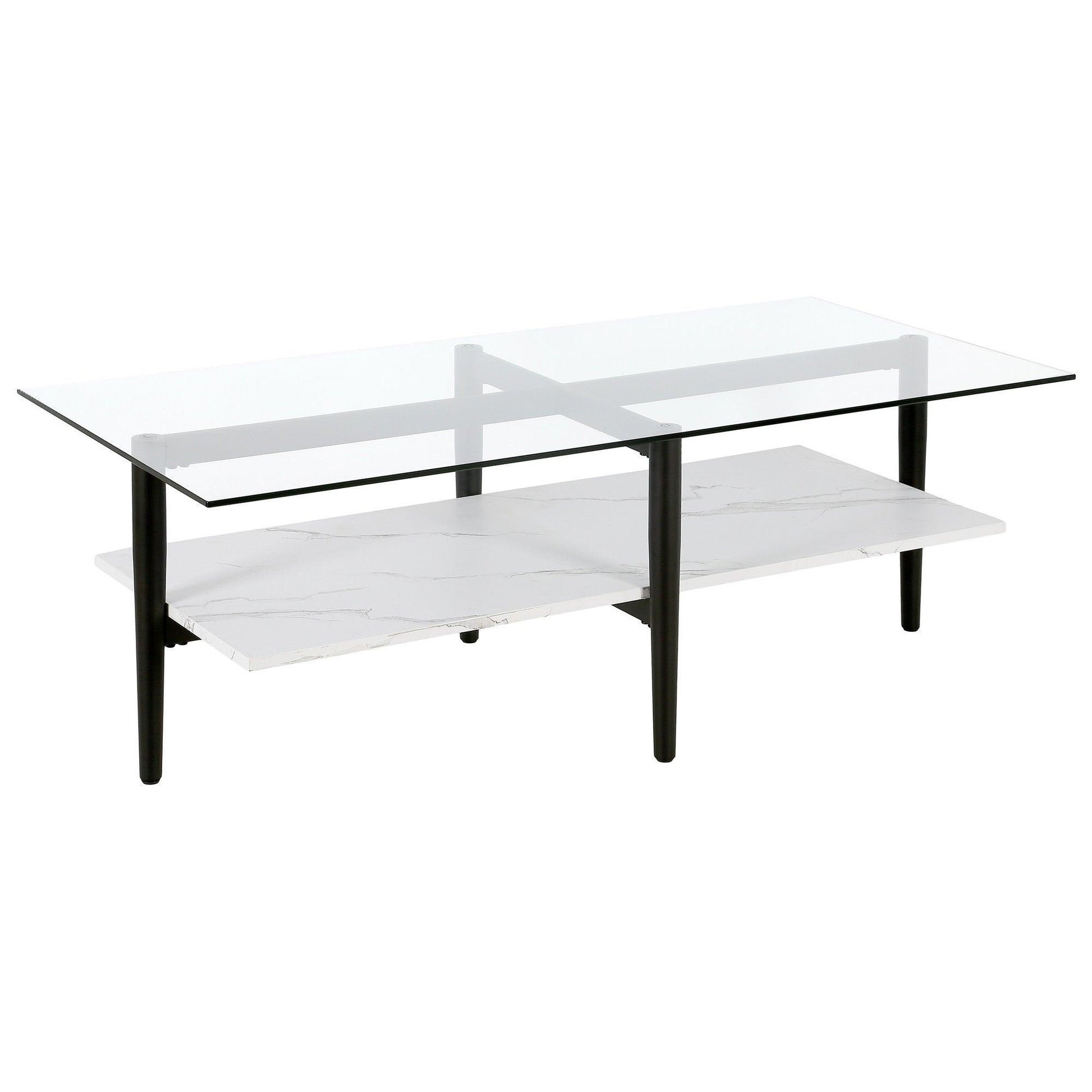 47" Black Glass And Steel Coffee Table With Shelf - FurniFindUSA