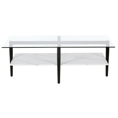 47" Black Glass And Steel Coffee Table With Shelf - FurniFindUSA