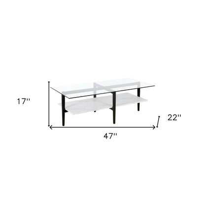 47" Black Glass And Steel Coffee Table With Shelf - FurniFindUSA