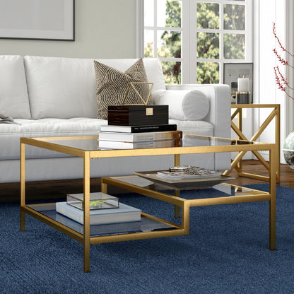 32" Gold Glass And Steel Square Coffee Table With Two Shelves