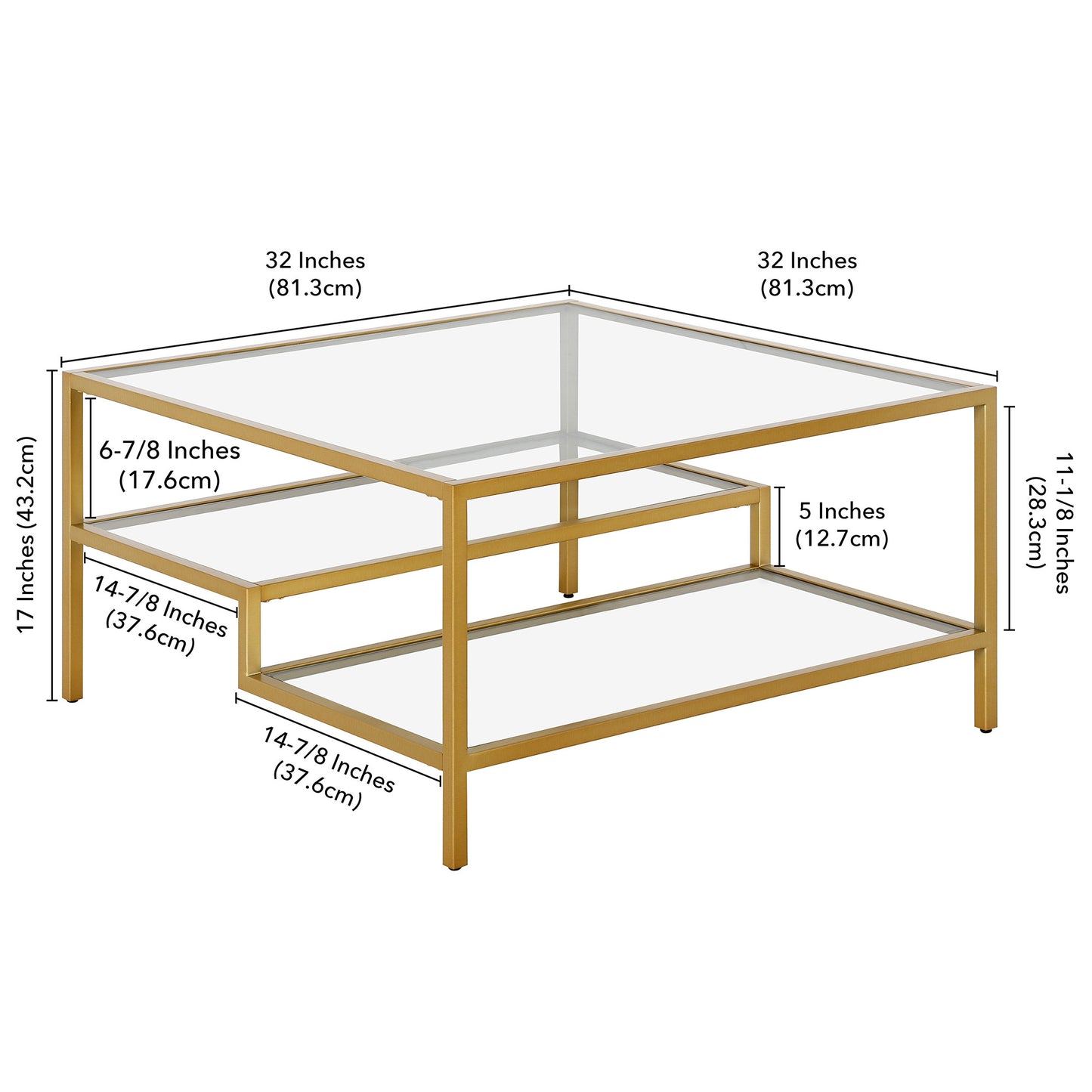 32" Gold Glass And Steel Square Coffee Table With Two Shelves