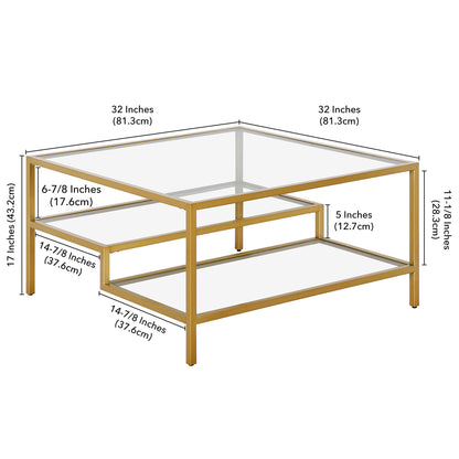 32" Gold Glass And Steel Square Coffee Table With Two Shelves