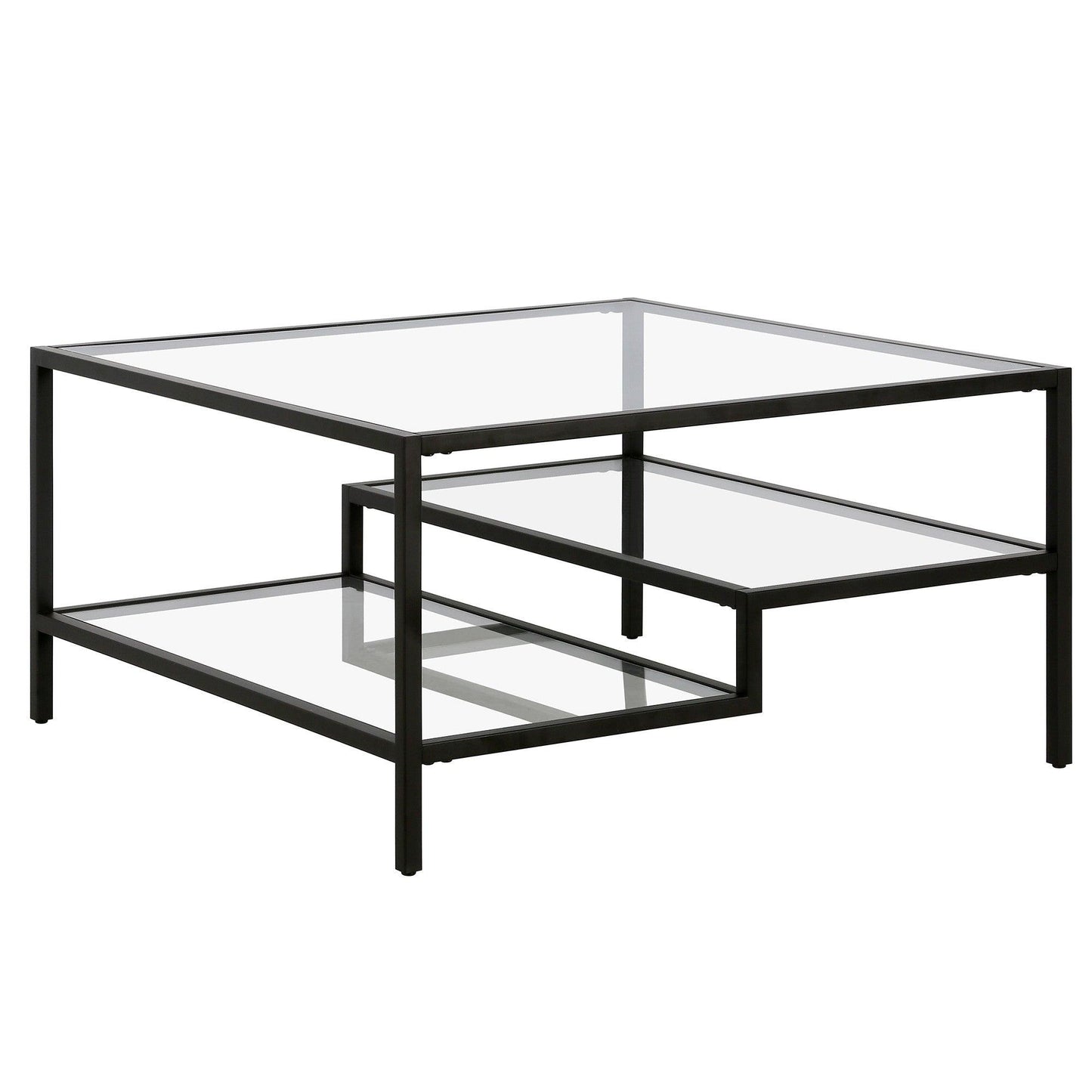 32" Black Glass And Steel Square Coffee Table With Two Shelves - FurniFindUSA