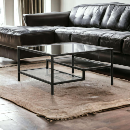 32" Black Glass And Steel Square Coffee Table With Two Shelves - FurniFindUSA