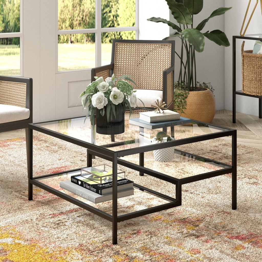 32" Black Glass And Steel Square Coffee Table With Two Shelves - FurniFindUSA