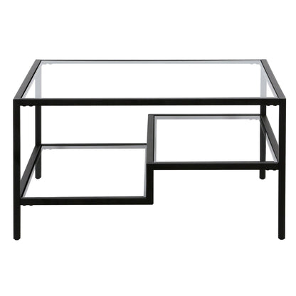 32" Black Glass And Steel Square Coffee Table With Two Shelves - FurniFindUSA