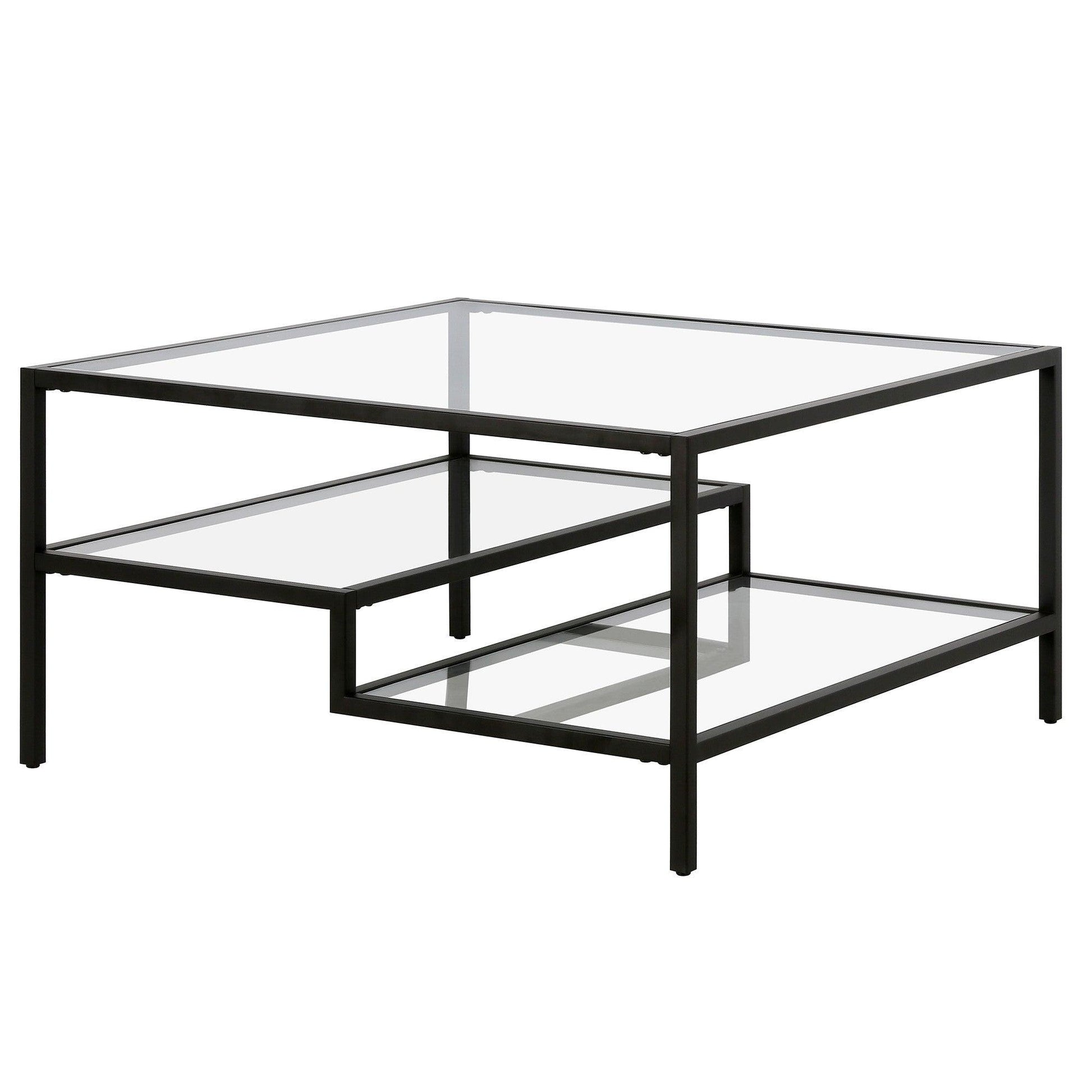 32" Black Glass And Steel Square Coffee Table With Two Shelves - FurniFindUSA