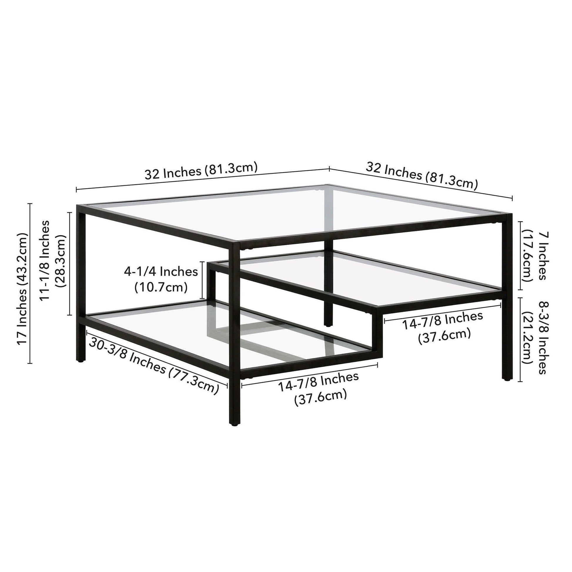 32" Black Glass And Steel Square Coffee Table With Two Shelves - FurniFindUSA