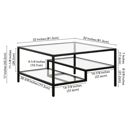 32" Black Glass And Steel Square Coffee Table With Two Shelves - FurniFindUSA