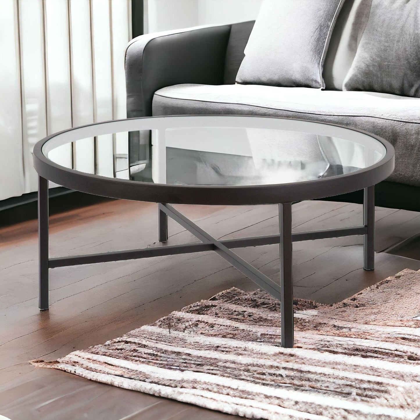 36" Black Glass And Steel Round Coffee Table - FurniFindUSA