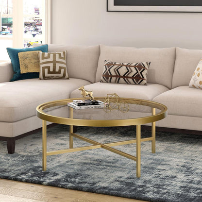 36" Gold Glass And Steel Round Coffee Table - FurniFindUSA