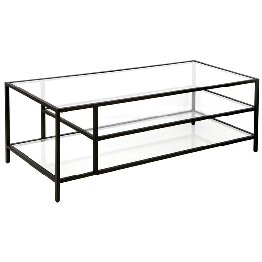 46" Black Glass And Steel Coffee Table With Two Shelves - FurniFindUSA