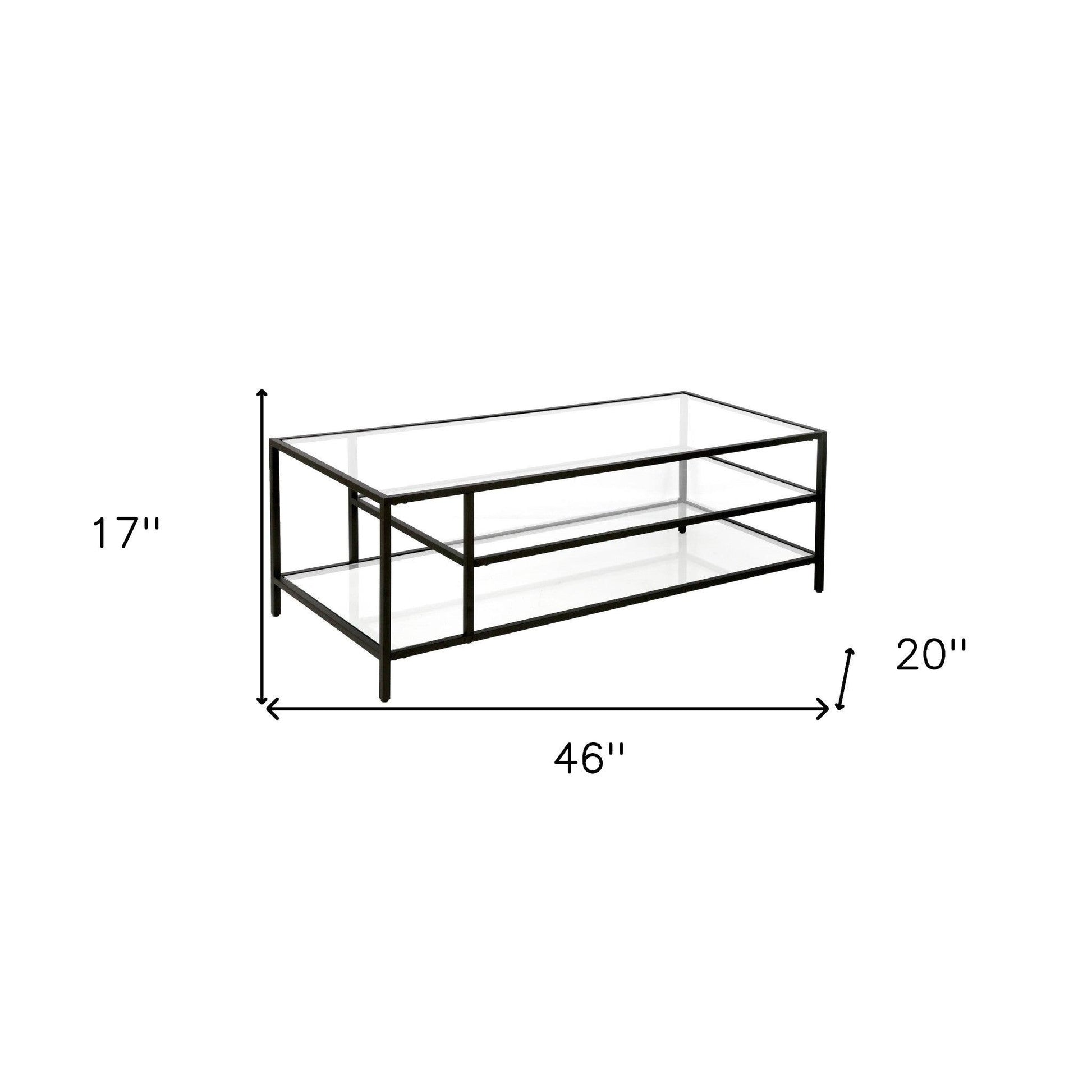 46" Black Glass And Steel Coffee Table With Two Shelves - FurniFindUSA