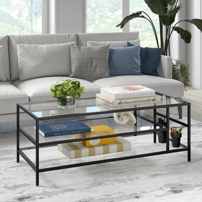 46" Black Glass And Steel Coffee Table With Two Shelves - FurniFindUSA