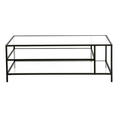 46" Black Glass And Steel Coffee Table With Two Shelves - FurniFindUSA