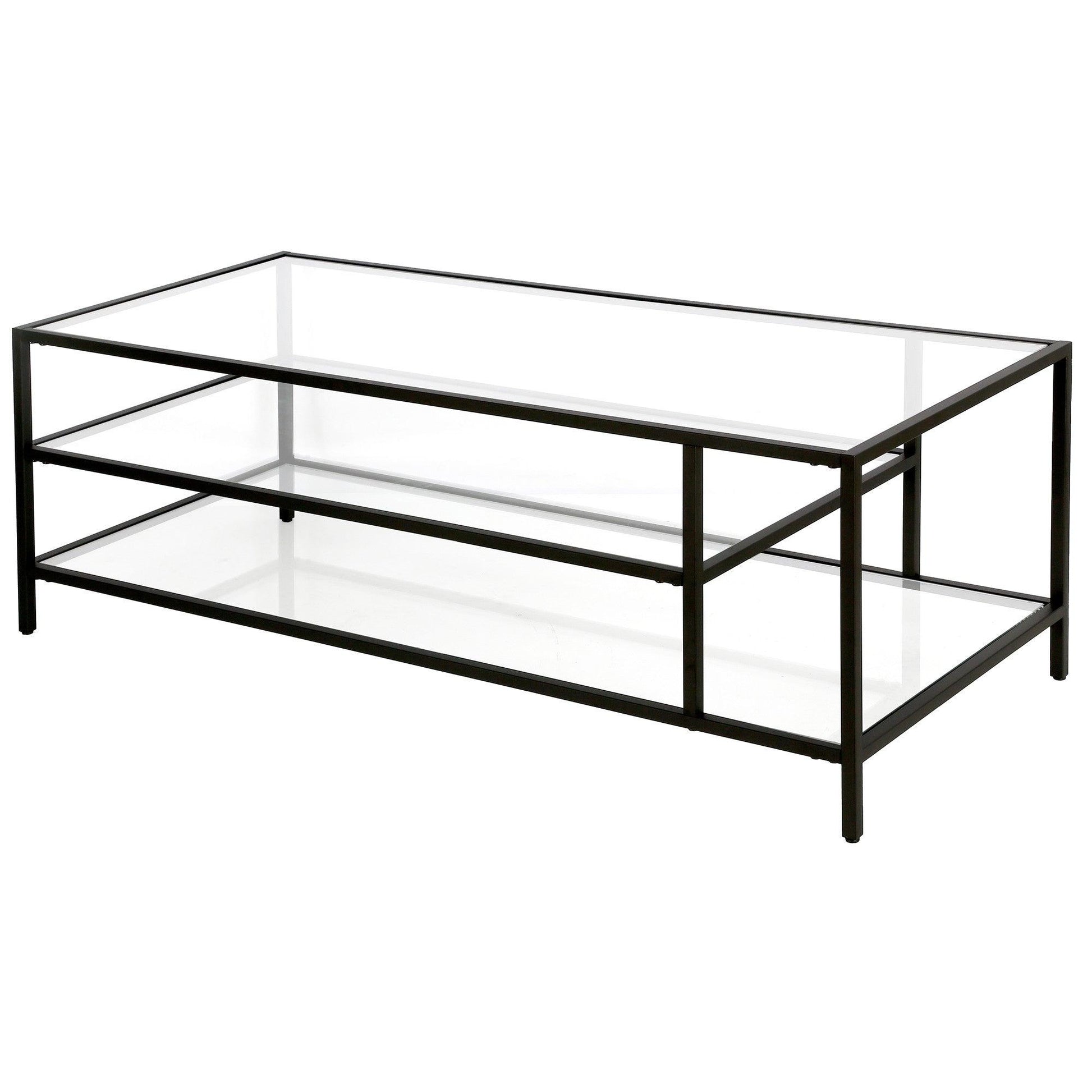 46" Black Glass And Steel Coffee Table With Two Shelves - FurniFindUSA