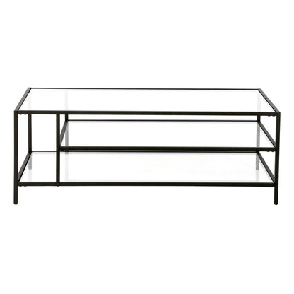 46" Black Glass And Steel Coffee Table With Two Shelves - FurniFindUSA