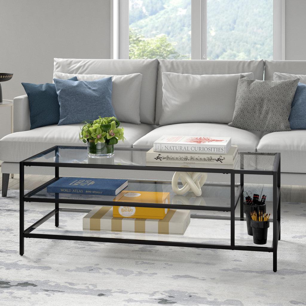 46" Black Glass And Steel Coffee Table With Two Shelves - FurniFindUSA