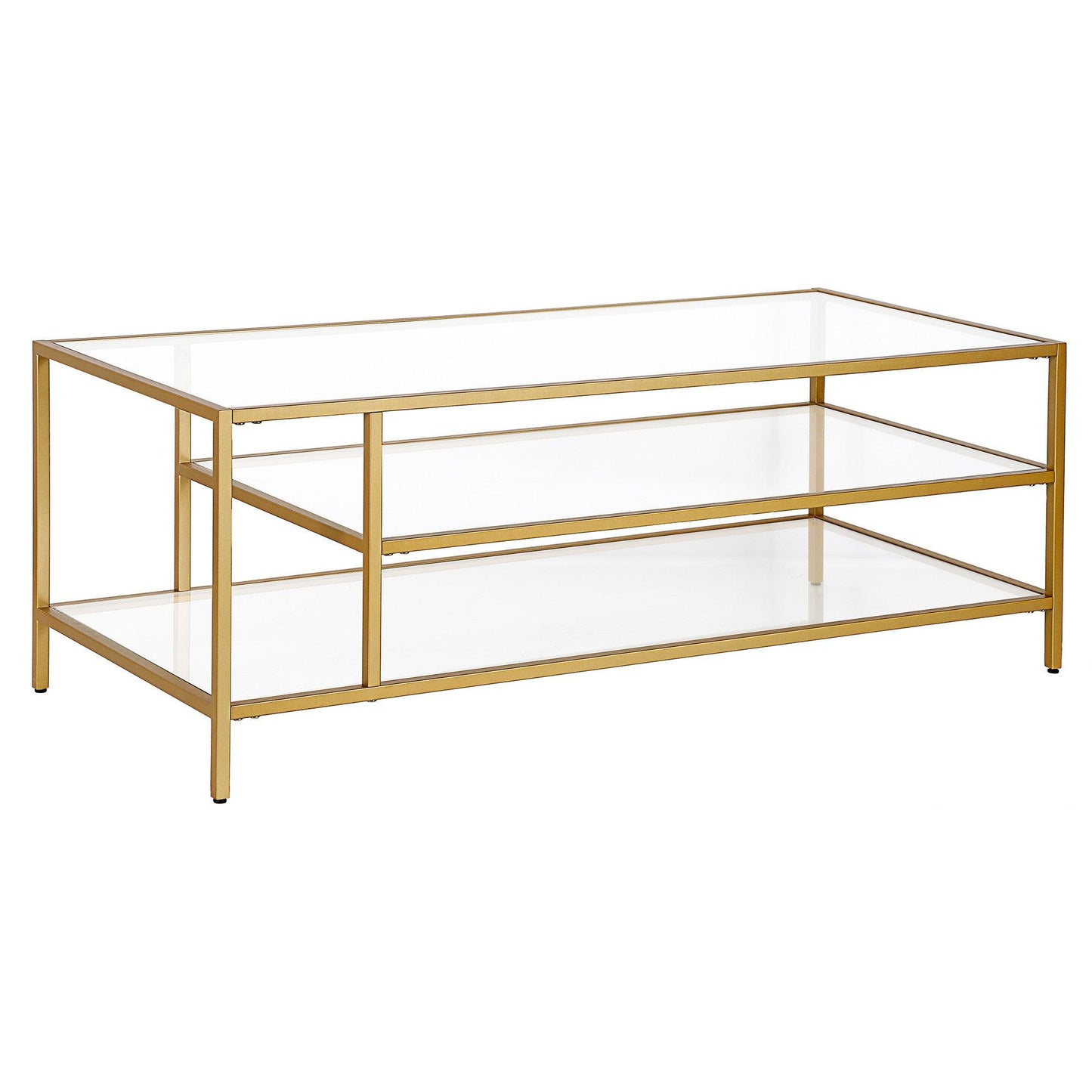 46" Gold Glass And Steel Coffee Table With Two Shelves - FurniFindUSA