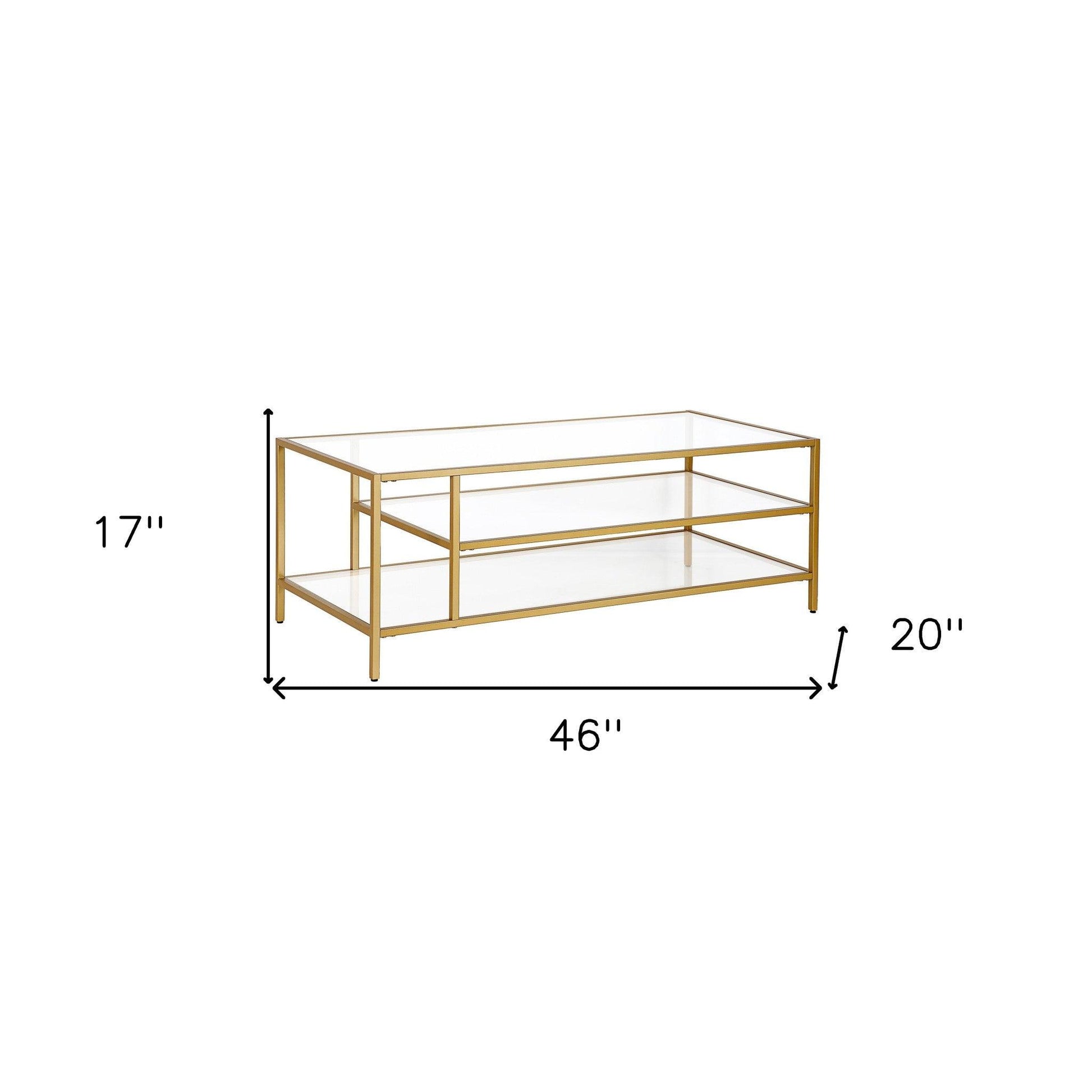 46" Gold Glass And Steel Coffee Table With Two Shelves - FurniFindUSA