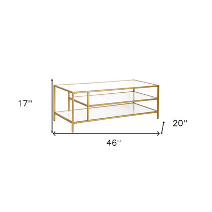 46" Gold Glass And Steel Coffee Table With Two Shelves - FurniFindUSA