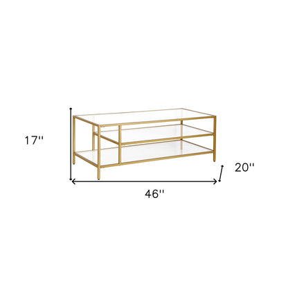 46" Gold Glass And Steel Coffee Table With Two Shelves