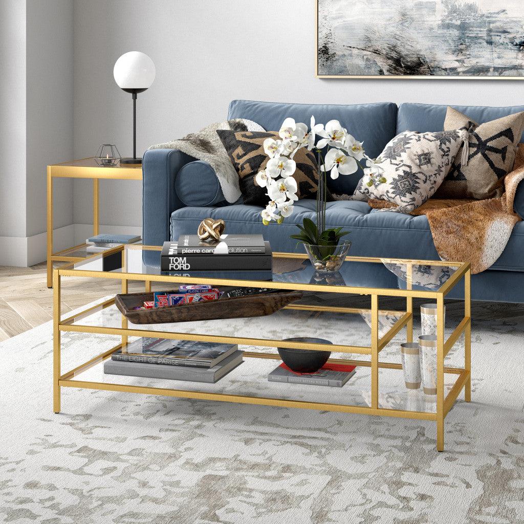 46" Gold Glass And Steel Coffee Table With Two Shelves - FurniFindUSA