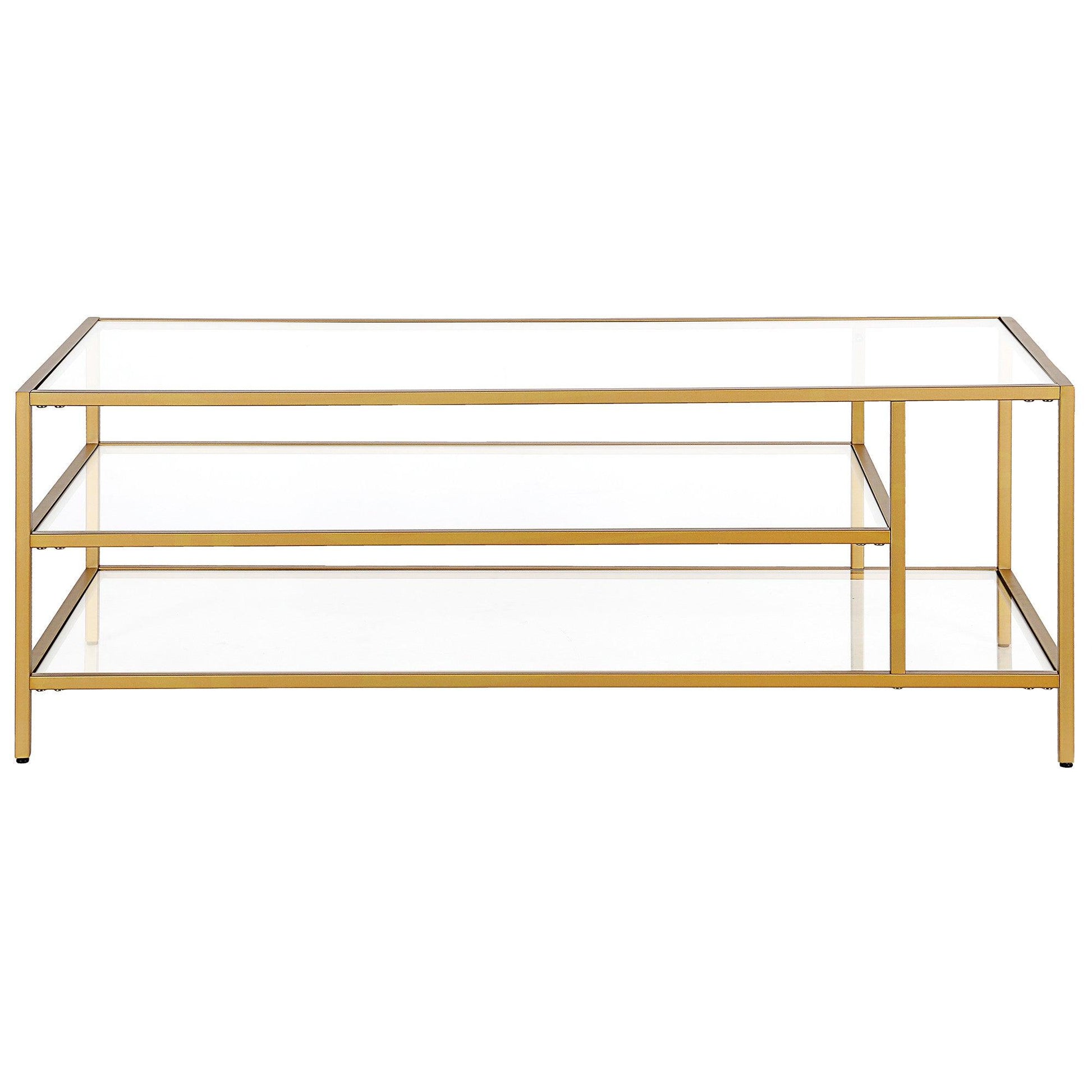 46" Gold Glass And Steel Coffee Table With Two Shelves - FurniFindUSA
