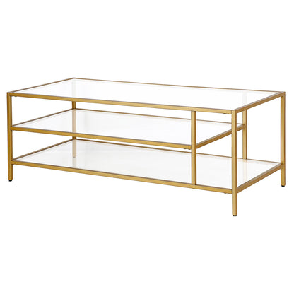 46" Gold Glass And Steel Coffee Table With Two Shelves - FurniFindUSA